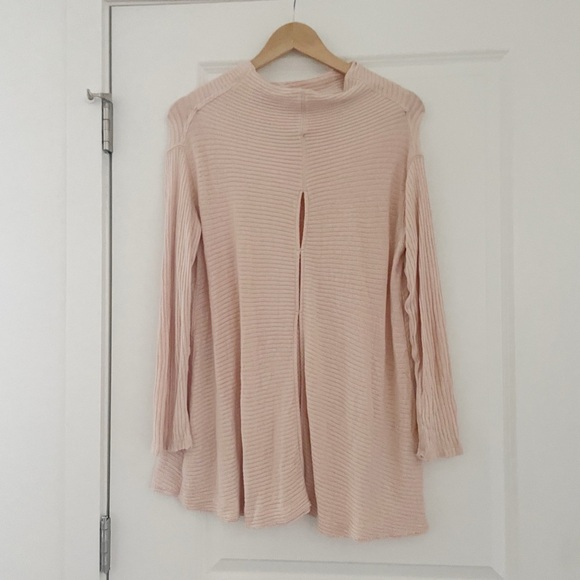 We the Free Lover Split Back Ribbed Sweater Pullover Peachy Pink Raw Hem - Picture 5 of 10